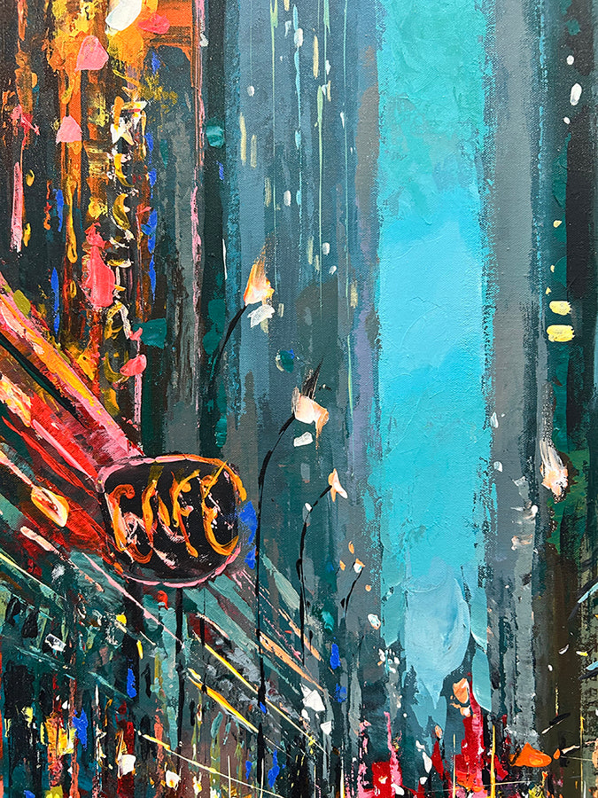 Midnight City Pulse original night city painting with pedestrians, skyscrapers and glowing shop lights by Dmitry Spiros