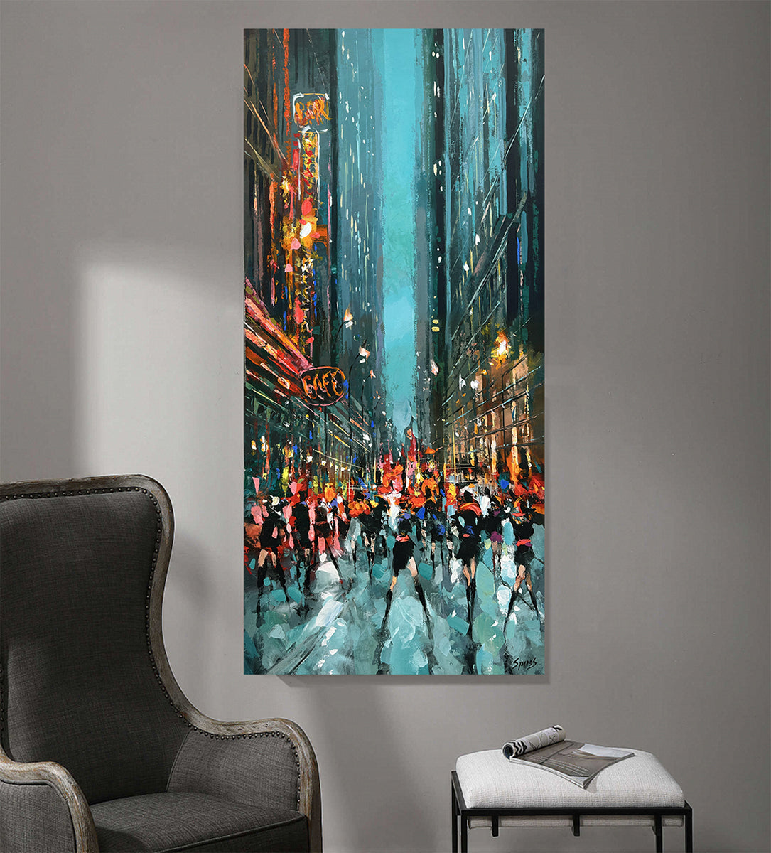 night city painting with skyscrapers, pedestrians and neon lights contemporary urban artwork