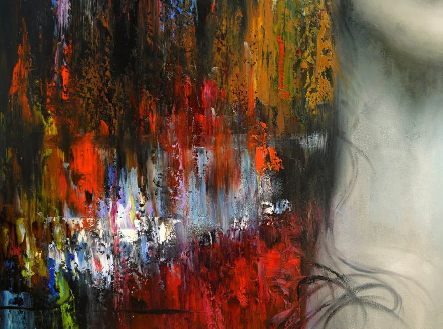 Close-up showing overlapping brushstrokes, abstract textures, and artistic color transitions on the portrait canvas.