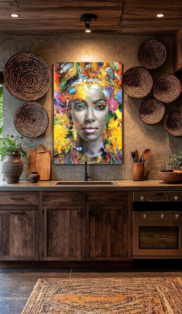 African woman portrait canvas displayed in an elegant interior setting