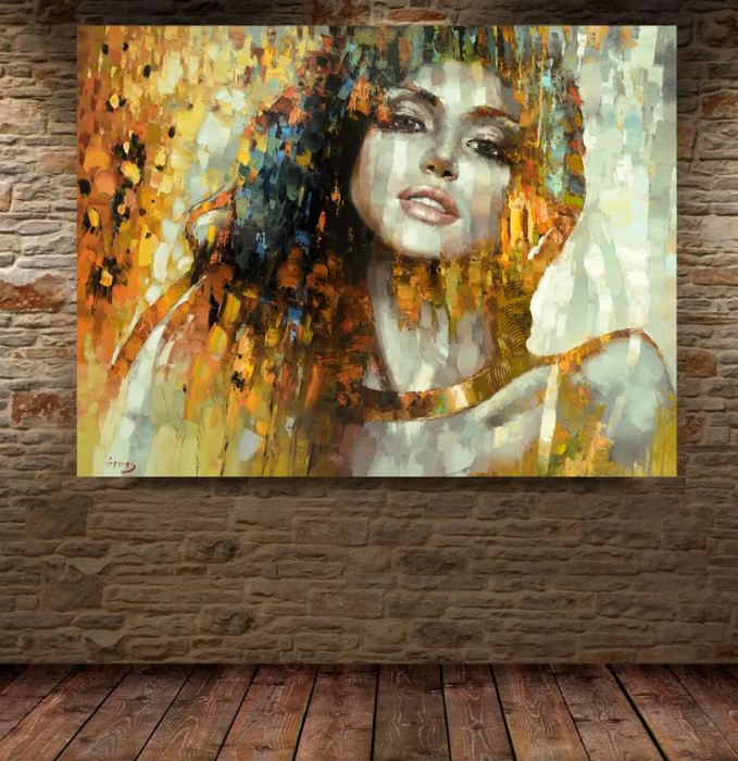 Contemporary woman portrait canvas displayed in an elegant interior setting