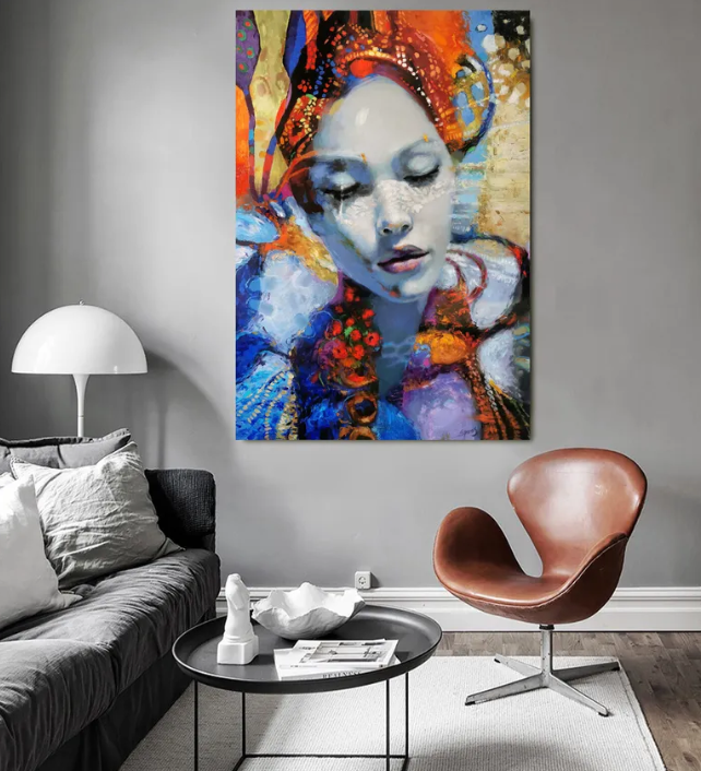 Contemporary woman portrait canvas displayed in modern home decor