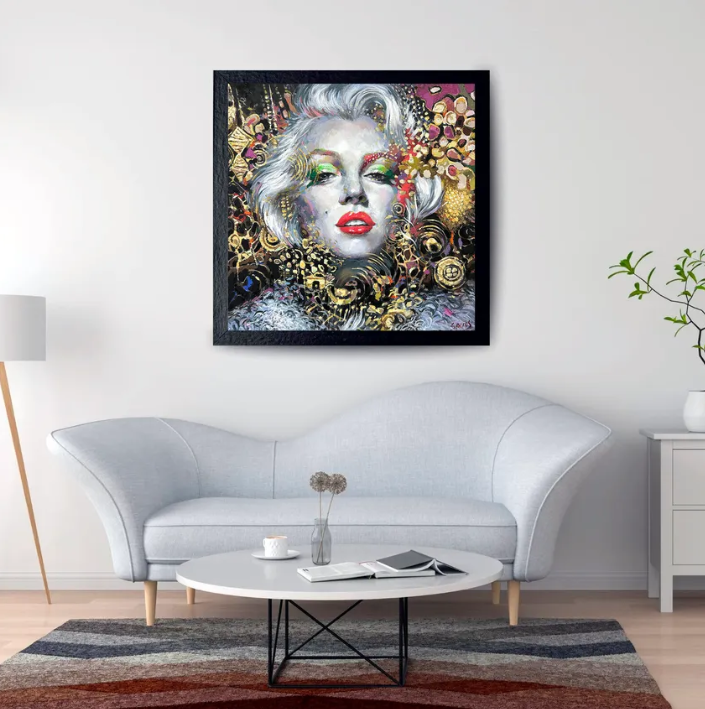 Colorful woman portrait canvas displayed in contemporary interior design