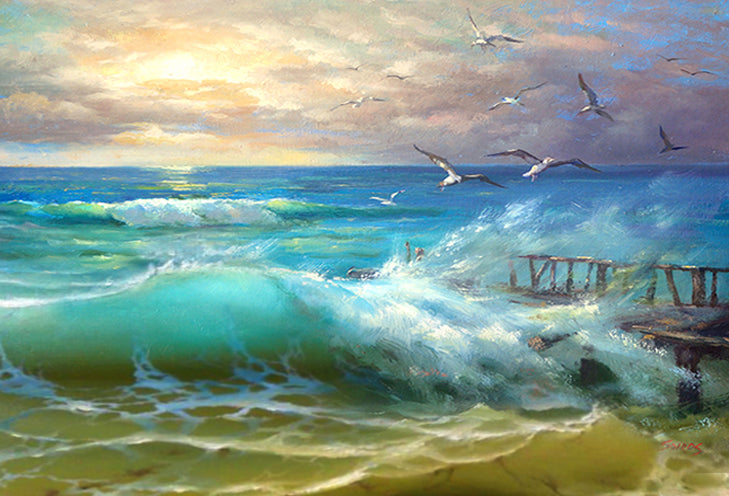 Serene seascape painting depicting gentle ocean waves at sunrise, glowing golden light, calm horizon, and peaceful coastal atmosphere, ideal for modern wall art and interior decor