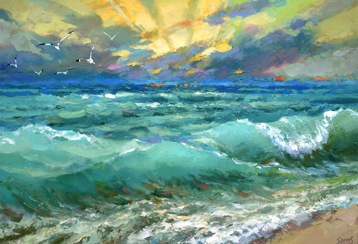 Morning sea waves painting with ocean wind and coastal mood
