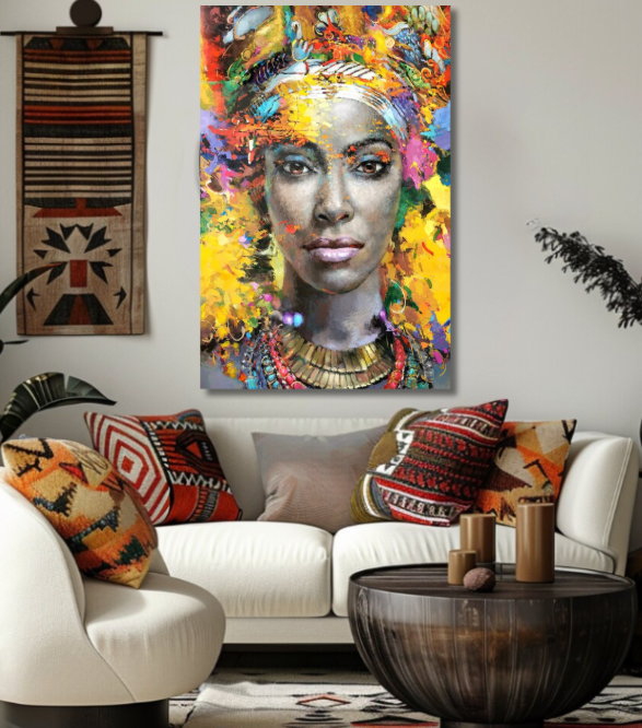 African woman portrait painting displayed in a stylish living room