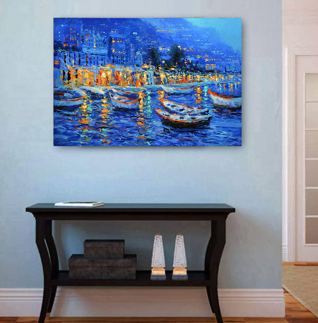 Night harbor painting with boat and reflections of street lights on water