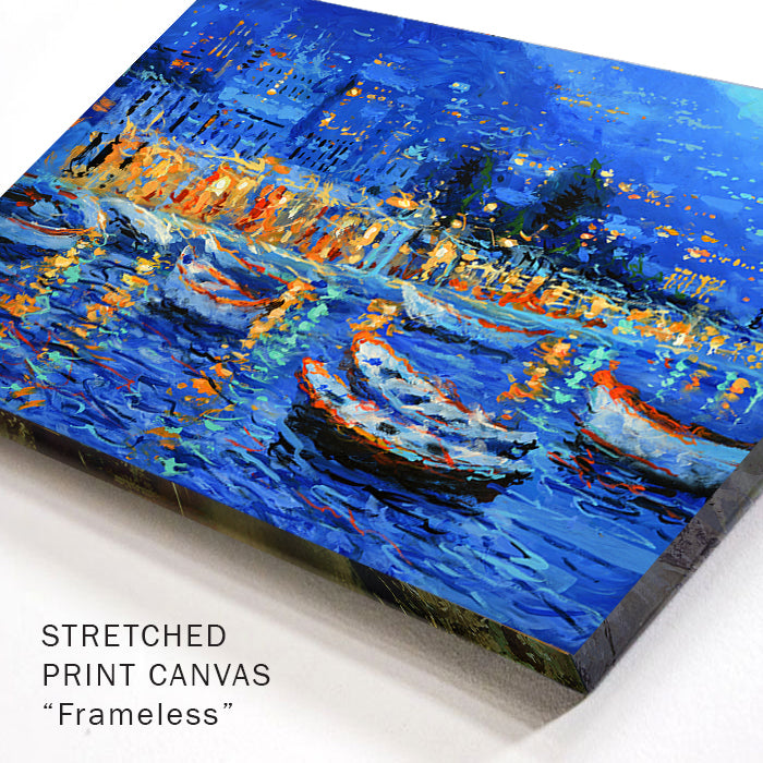 Night harbor painting with boat and reflections of street lights on water