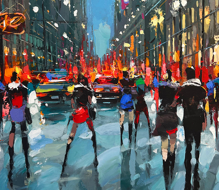 Original contemporary cityscape painting "Nocturnal Metropolis" by artist Dmitry Spiros, colorful abstract night city artwork in ornamental expressionist style.