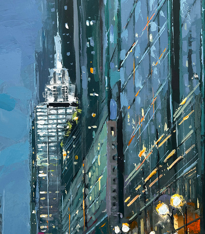 Original contemporary cityscape painting "Nocturnal Metropolis" by artist Dmitry Spiros, colorful abstract night city artwork in ornamental expressionist style.