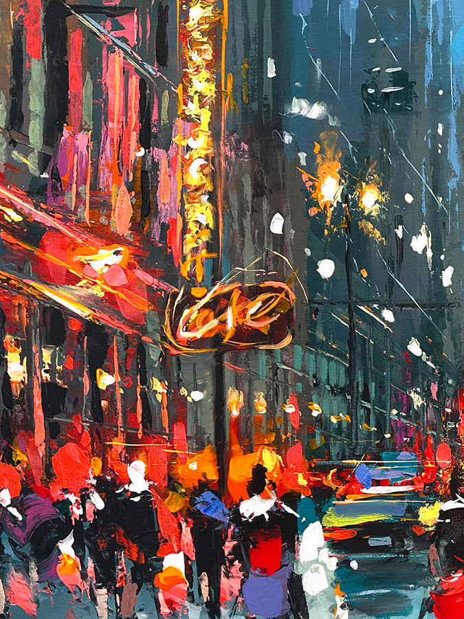 Original contemporary cityscape painting "Nocturnal Metropolis" by artist Dmitry Spiros, colorful abstract night city artwork in ornamental expressionist style.