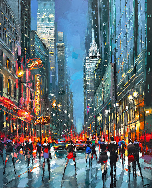 Original contemporary cityscape painting "Nocturnal Metropolis" by artist Dmitry Spiros, colorful abstract night city artwork in ornamental expressionist style.