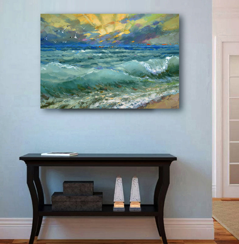 Ocean wall art with sea waves displayed in a modern interior