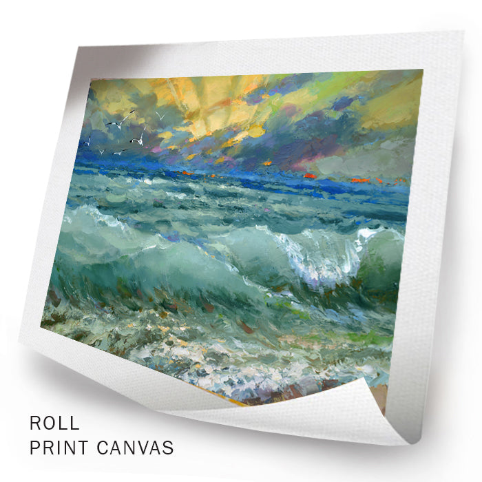 Unframed ocean waves painting with morning sea light