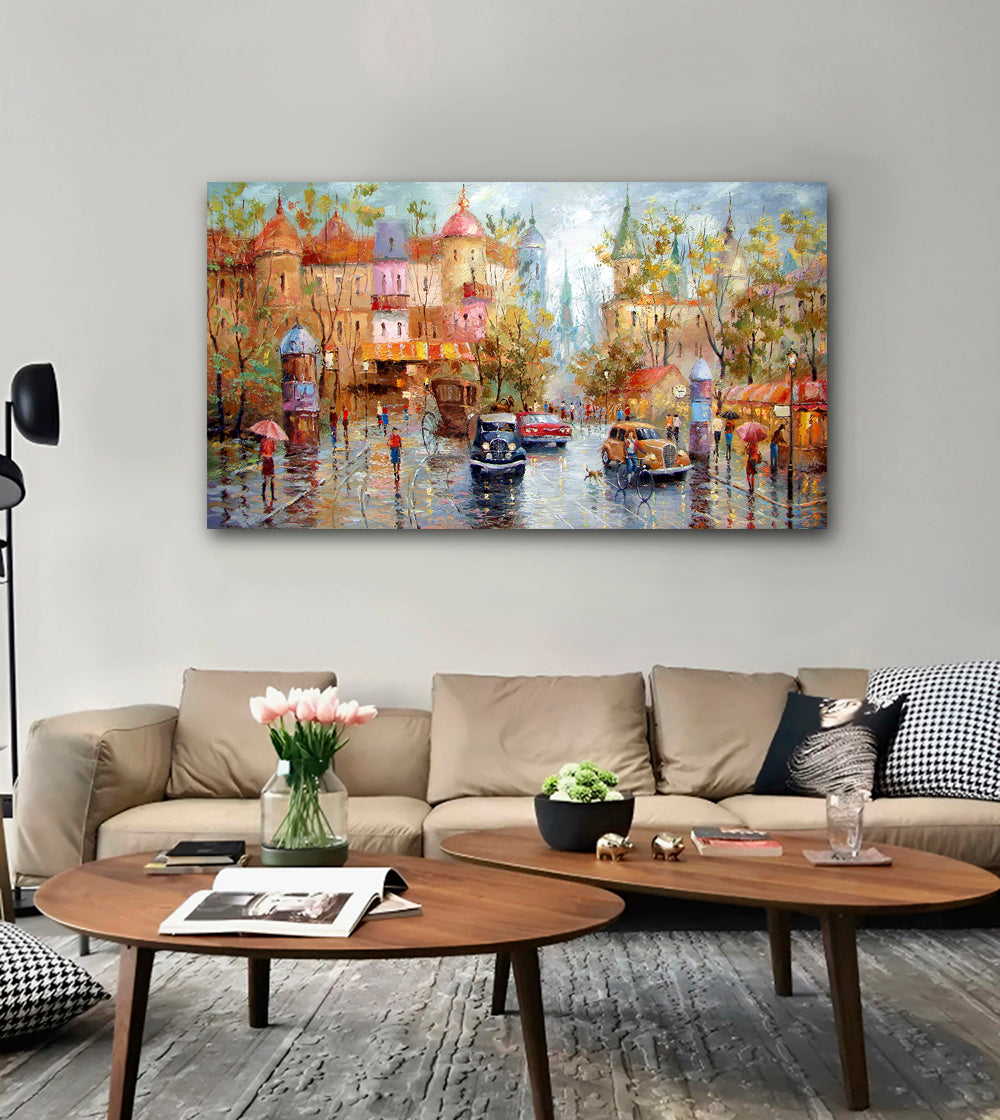 Original atmospheric rainy cityscape painting by Dmitry Spiros – Rainy Day