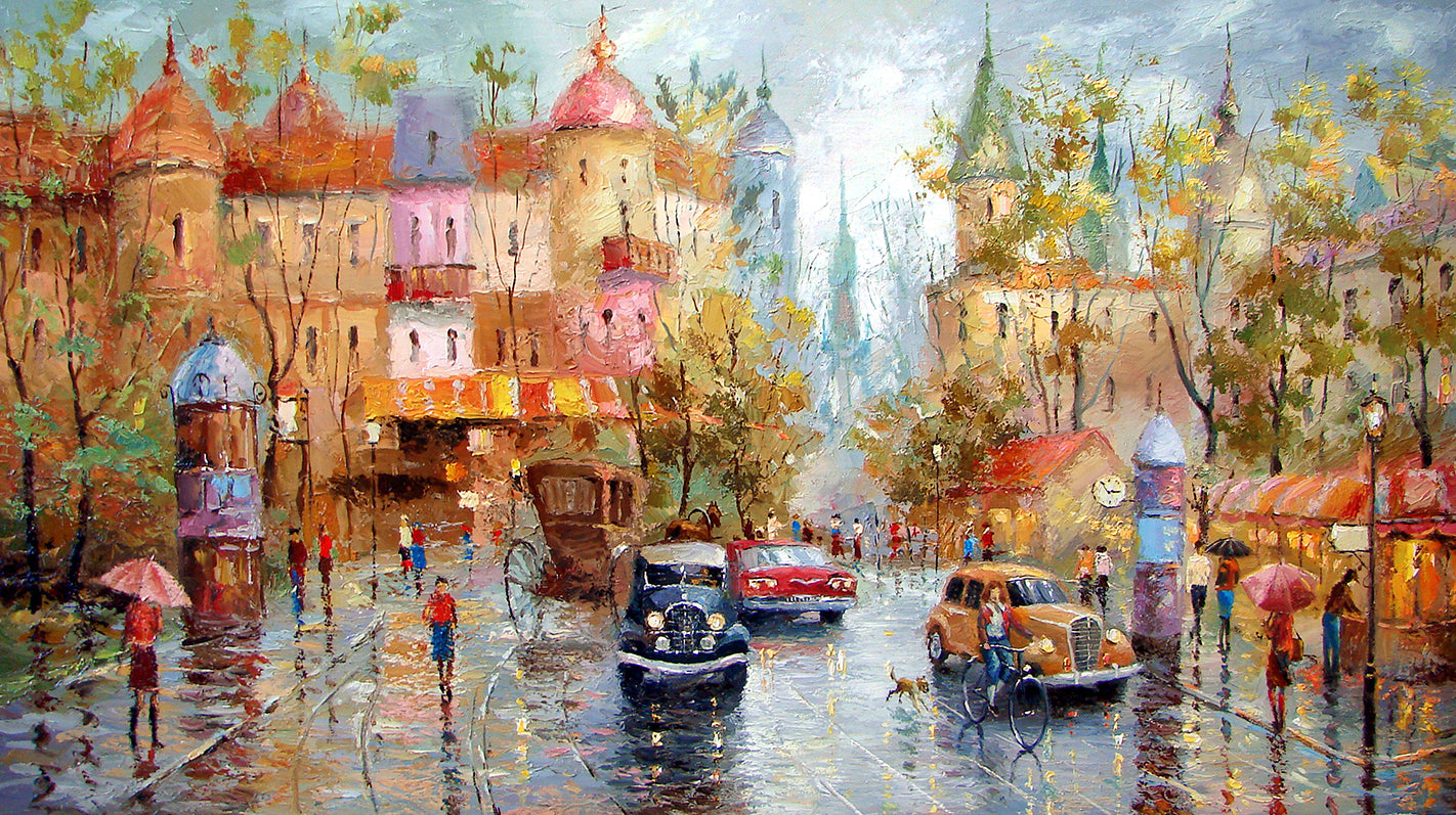 Original atmospheric rainy cityscape painting by Dmitry Spiros – Rainy Day