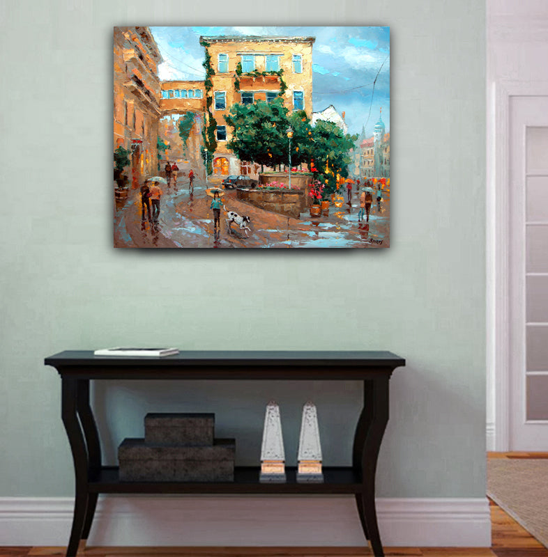 Original atmospheric rainy cityscape painting of Baden-Baden by Dmitry Spiros