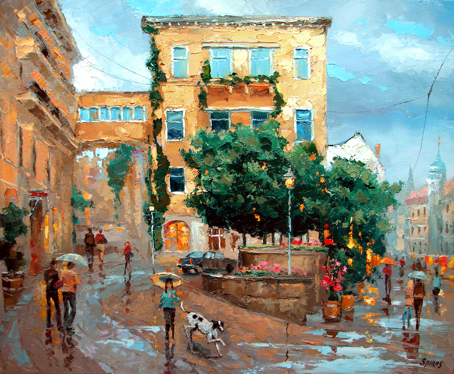 Original atmospheric rainy cityscape painting of Baden-Baden by Dmitry Spiros