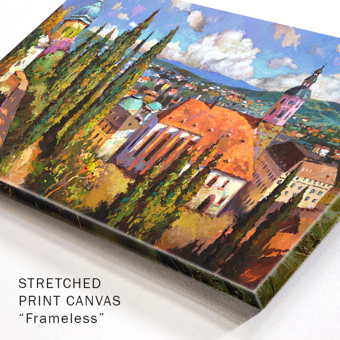 Panoramic cityscape painting of Baden-Baden Germany at sunny noon featuring classic European architecture and terracotta rooftops view from above.