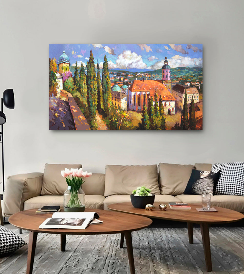 Panoramic cityscape painting of Baden-Baden Germany at sunny noon featuring classic European architecture and terracotta rooftops view from above.
