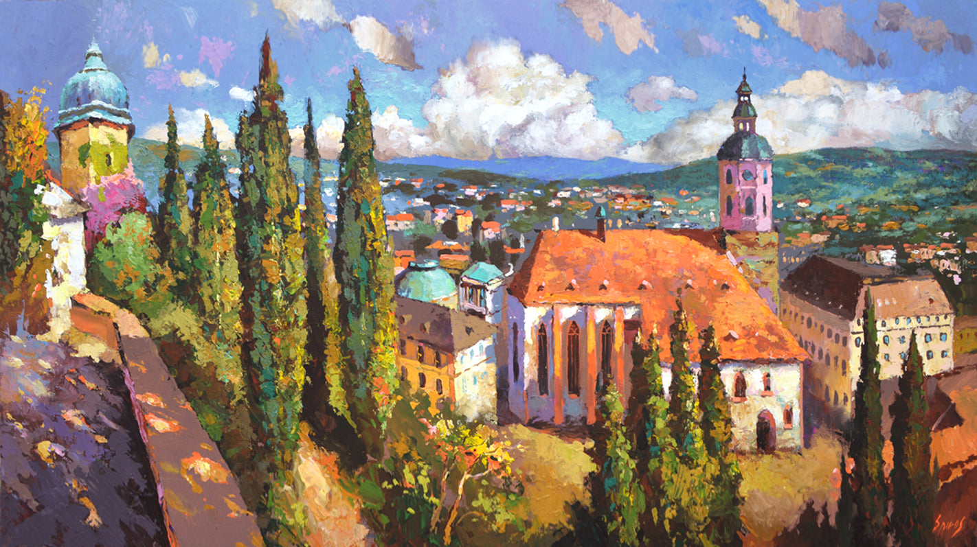 Panoramic cityscape painting of Baden-Baden Germany at sunny noon featuring classic European architecture and terracotta rooftops view from above.
