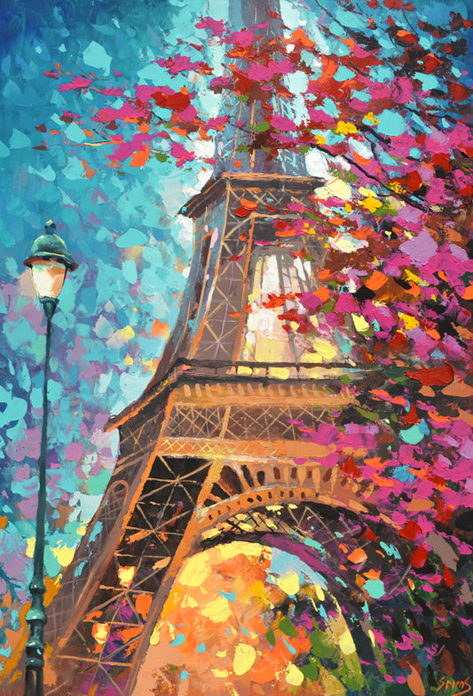 Impressionist Paris cityscape painting depicting autumn streets, warm seasonal colors, soft light, expressive brushstrokes, and classic Parisian Effel tower painting by Dmitry Spiros