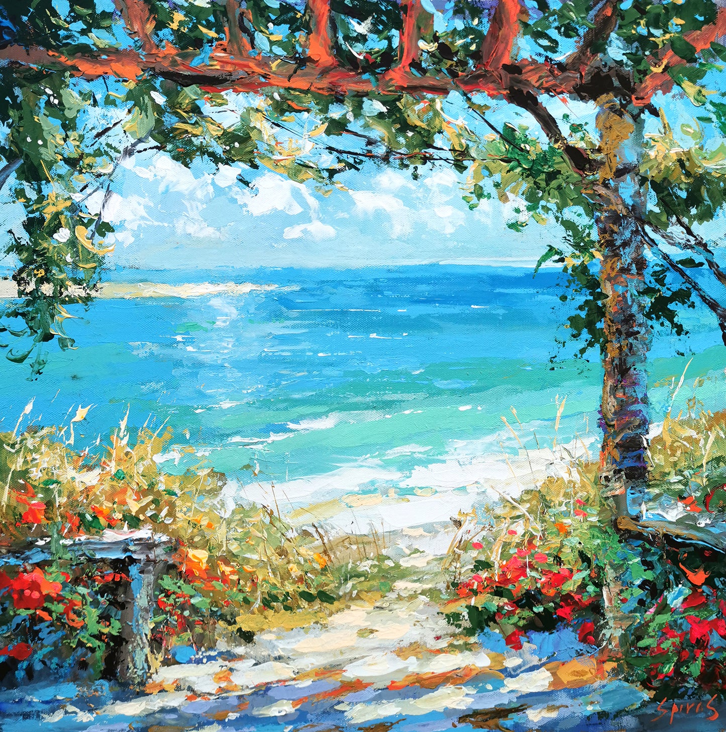 Sunny path leading to the beach on a bright day, coastal landscape painting with warm light and ocean view