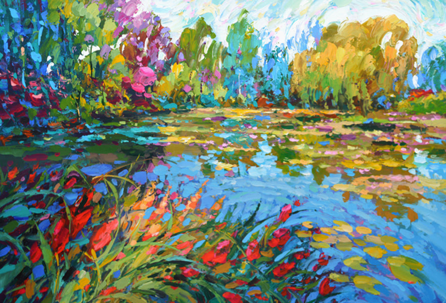 Spring landscape painting of a pond surrounded by trees and fresh herbal green colors, featuring soft light, natural reflections, and expressive brushstrokes