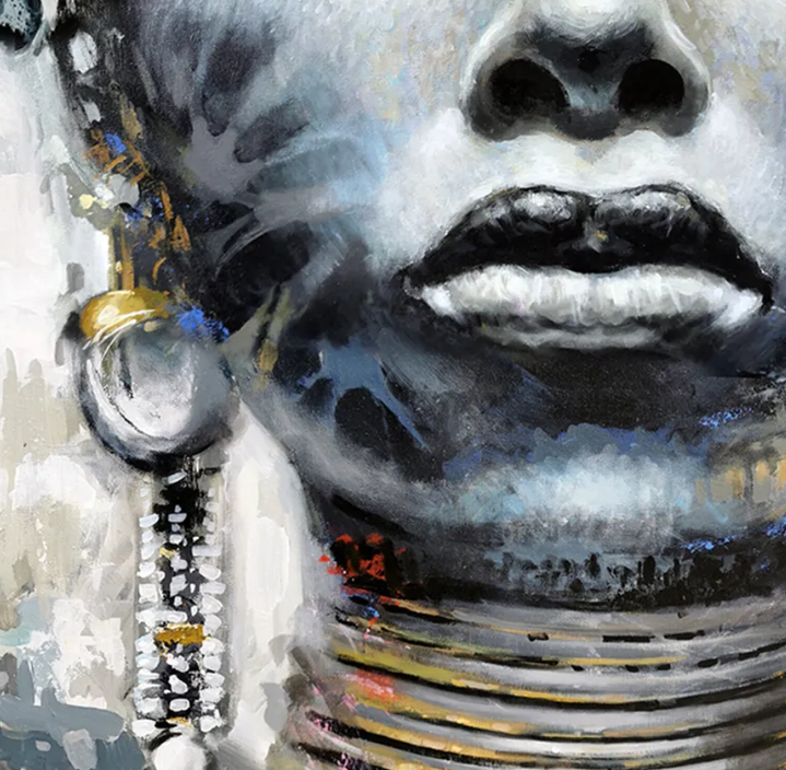 Decorative jewelry and texture details from African woman portrait painting