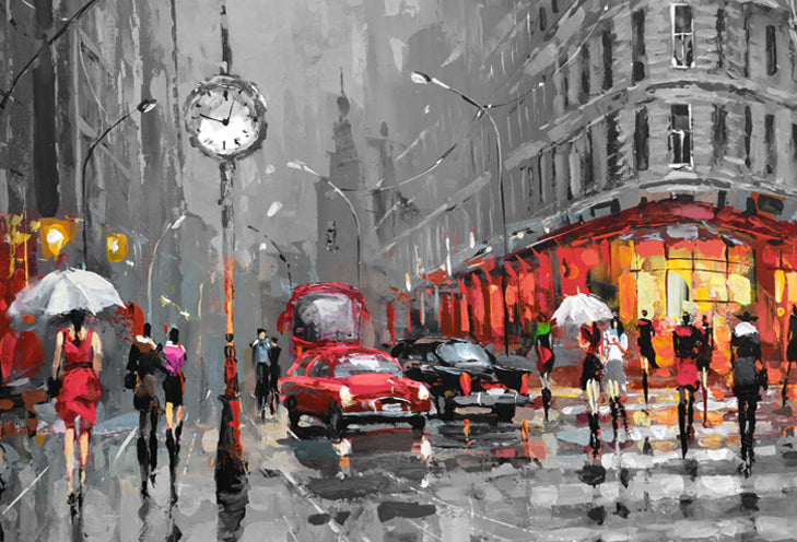 Impressionist cityscape painting Rainy city London | Impressionist Cityscape, featuring reflective streets, soft urban lights, and atmospheric brushwork inspired by classic European scenes
