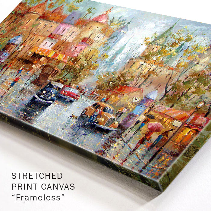 Rainy city painting with reflections and umbrellas by Dmitry Spiros