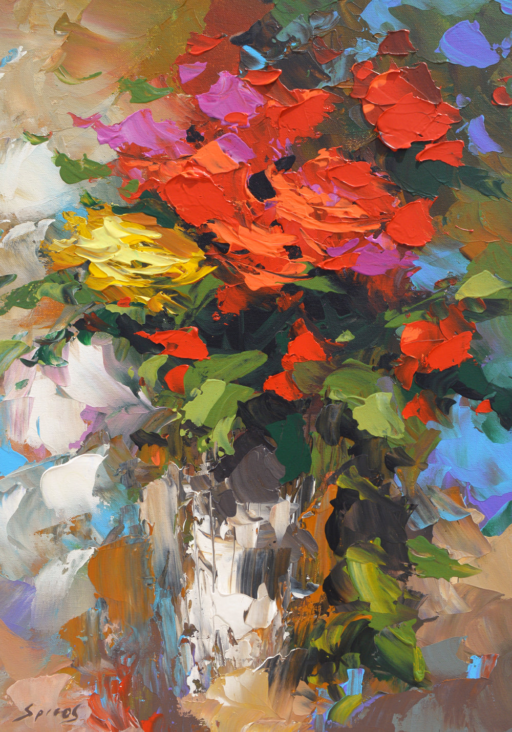 Expressive floral painting of blooming roses featuring soft romantic colors, rich texture, and elegant brushstrokes