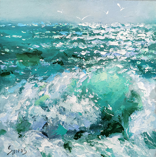 Abstract painting of sea waves with flowing motion, layered textures, and dynamic blue and white tones inspired by the ocean.