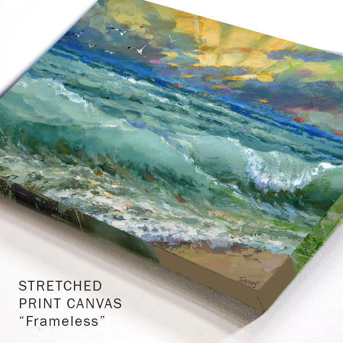 Close-up canvas texture of morning sea waves painting