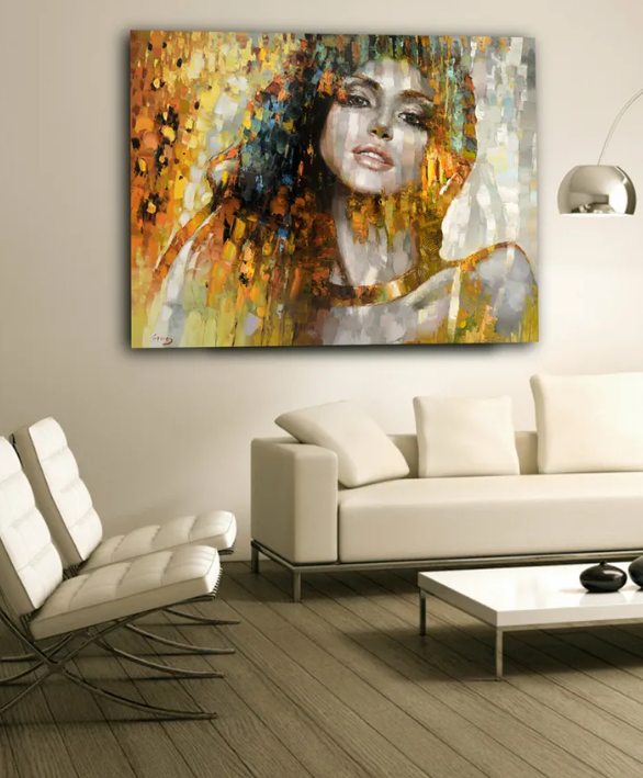 Woman portrait painting displayed in a modern living room interior