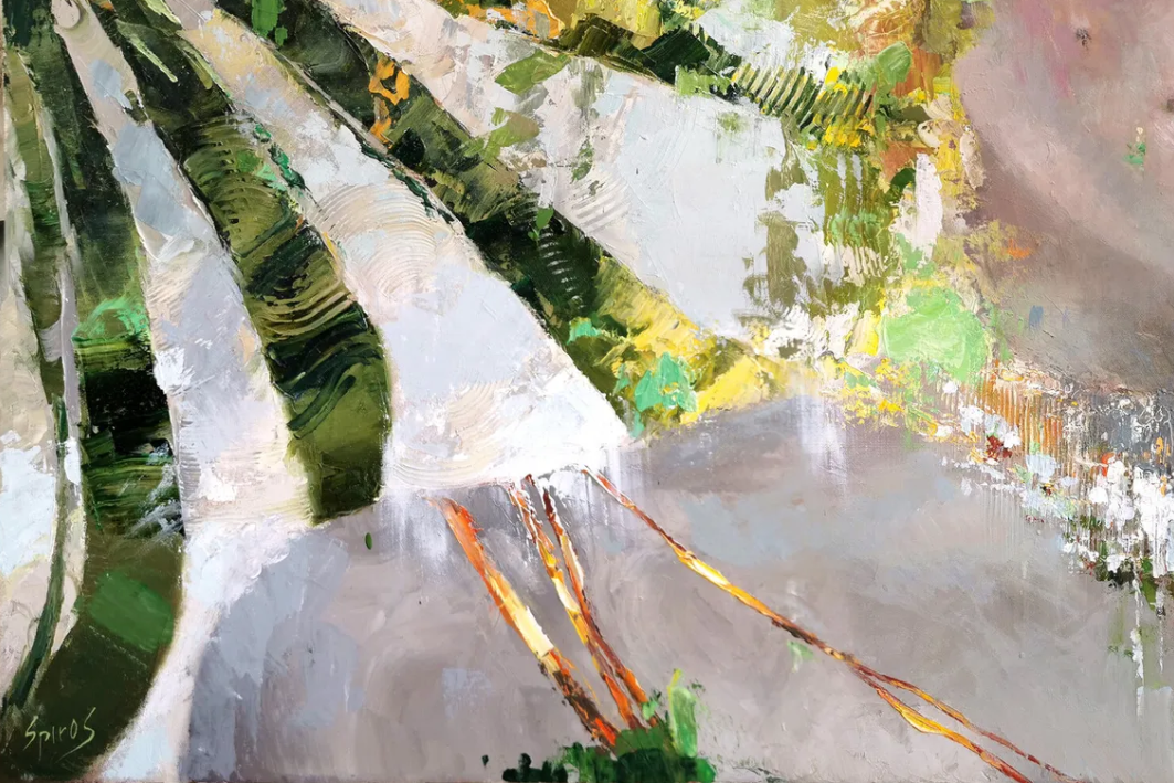 Close-up detail of woman portrait painting with layered artistic textures