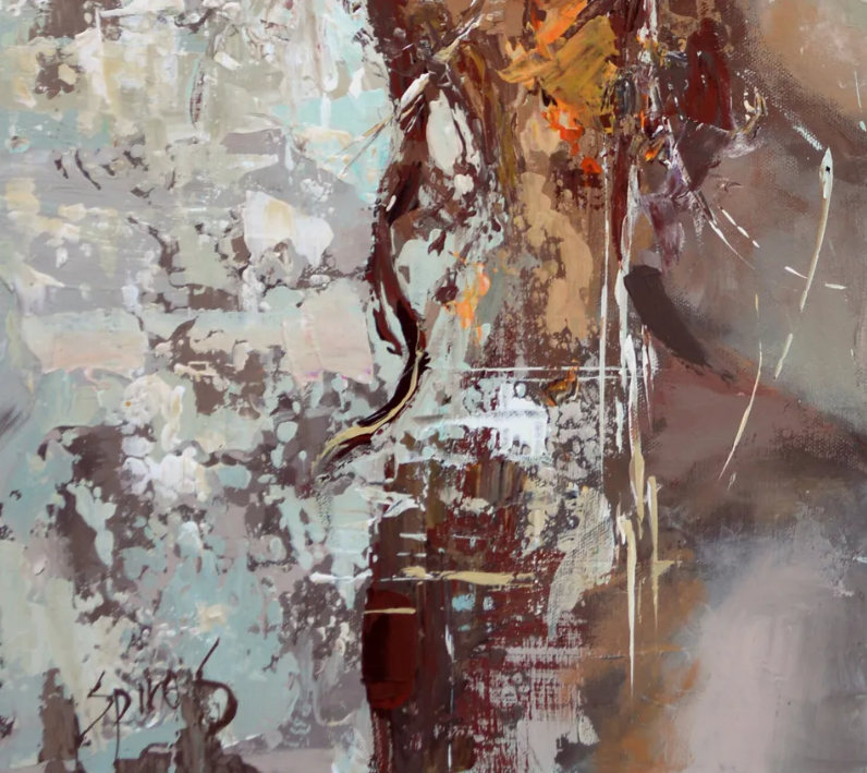 Close-up of woman portrait painting with soft tones and textured brushwork