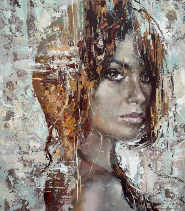 Modern woman portrait painting with textured abstract details and earthy colors