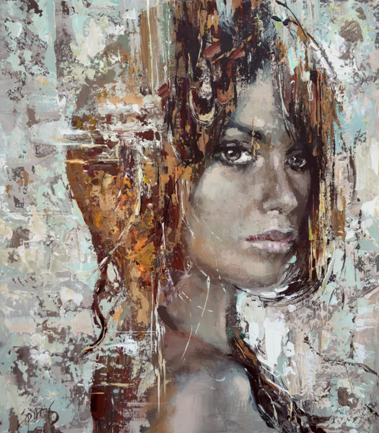 Modern woman portrait painting with textured abstract details and earthy colors
