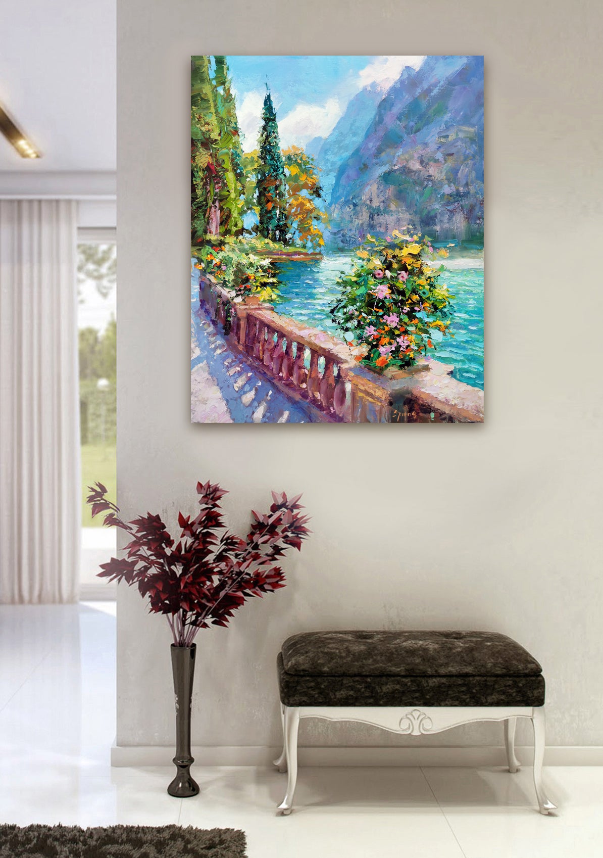 Sunny Italian landscape artwork with lake and mountains