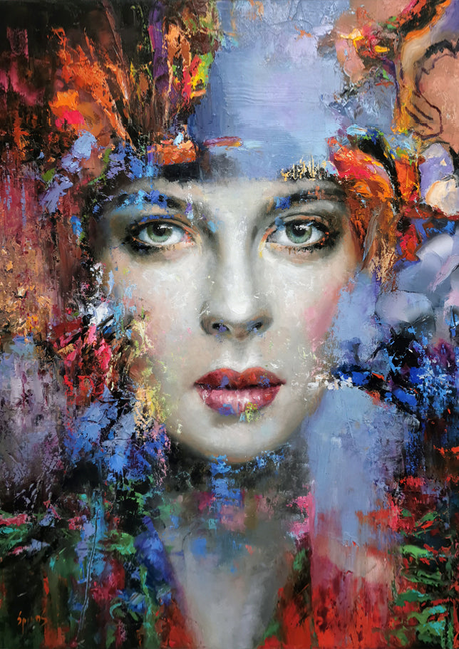 Surreal abstract female portrait art print with expressive textures and emotional atmosphere
