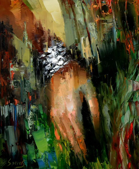 Close-up of the woman's hand highlighting expressive brushstrokes, layered textures, and colorful artistic details.