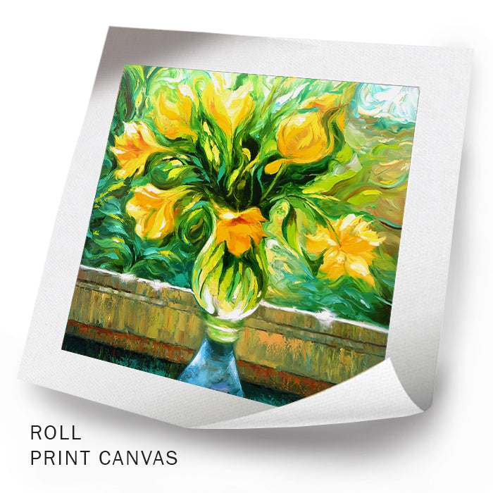 Textured brushstrokes in floral still life painting with yellow flowers