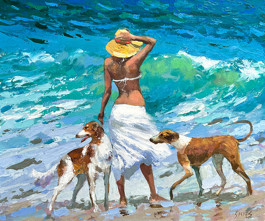Woman with dogs painting on canvas by Dmitry Spiros