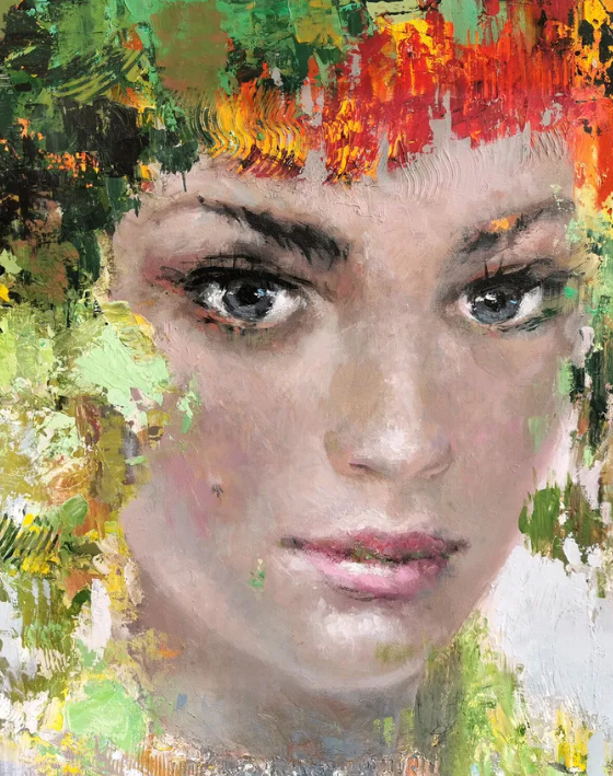 Close-up detail of woman portrait painting with floral ornaments and soft colors