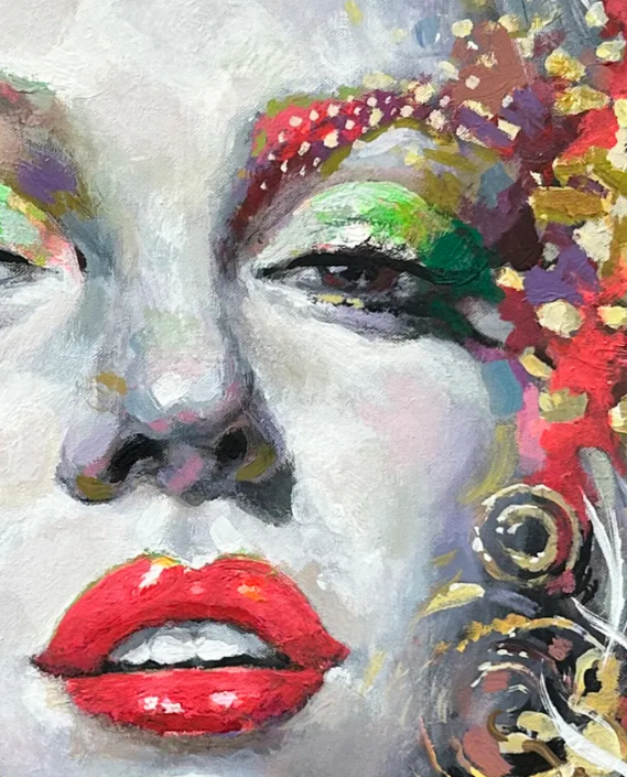 Close-up detail of colorful woman portrait painting with expressive features