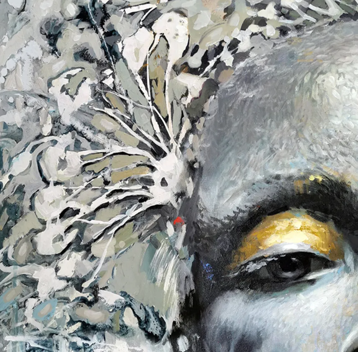 Close-up detail of African woman portrait painting with expressive eyes