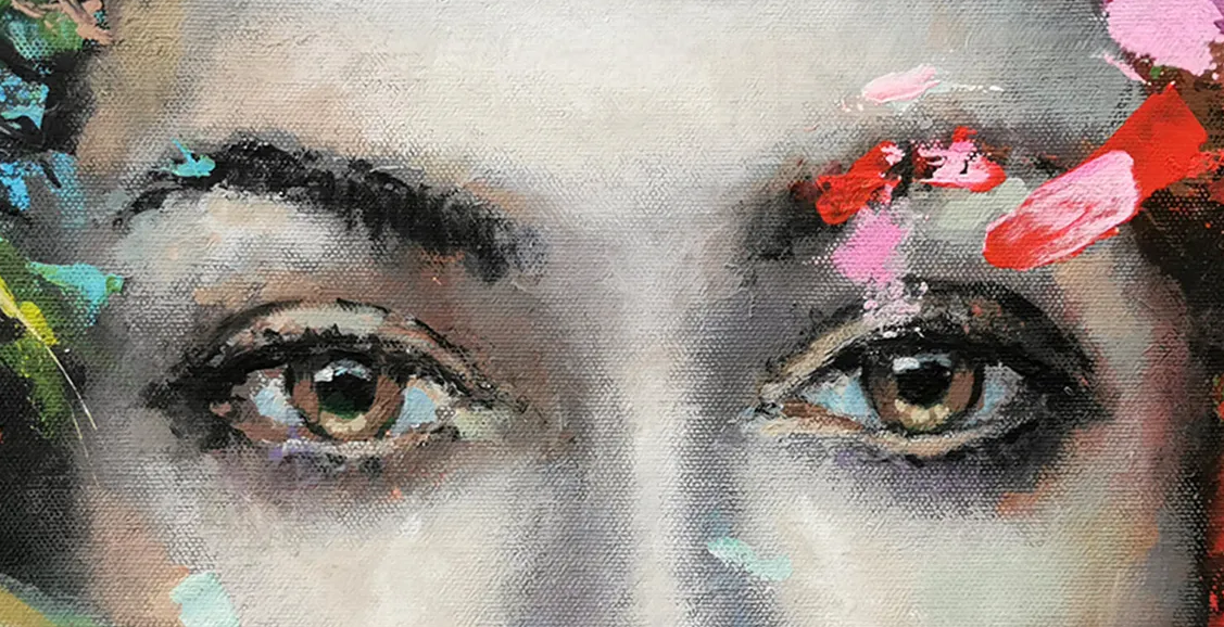 Close-up of expressive eyes in contemporary woman portrait painting