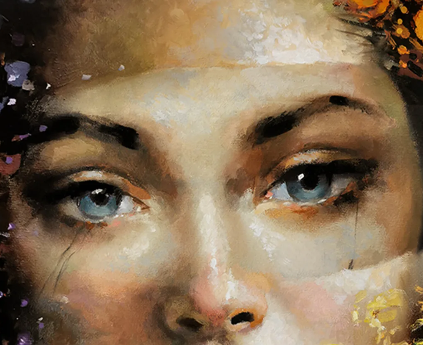 Close-up detail of woman portrait painting with expressive blue eyes