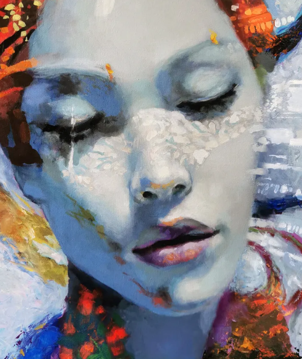 Close-up detail of colorful woman portrait painting with soft expression